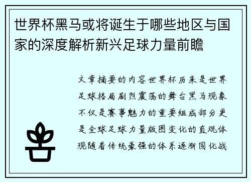 世界杯黑马或将诞生于哪些地区与国家的深度解析新兴足球力量前瞻